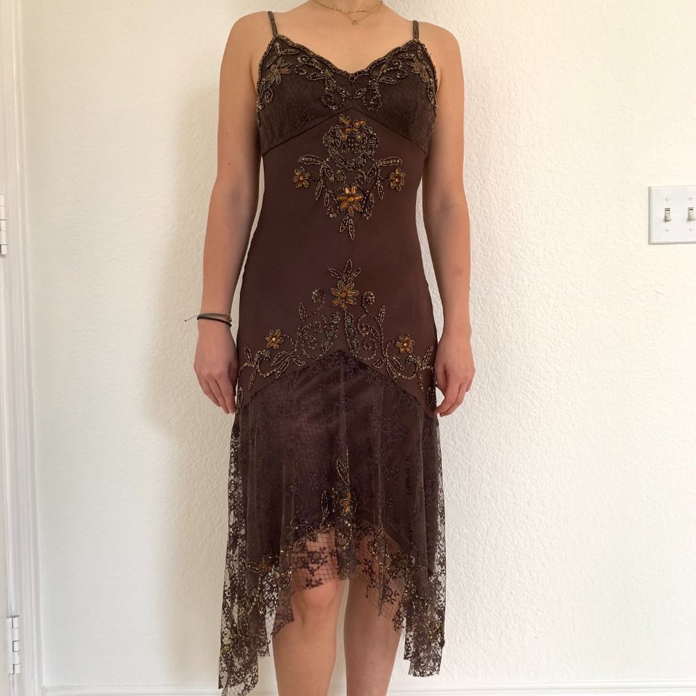 Cache brown silk dress with midi length size 6